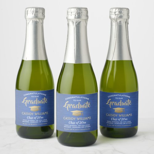 Graduation Brushed Blue Gold and White Mini Split Sparkling Wine Label