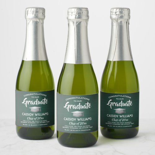 Graduation Brushed Dark Green and White Mini Split Sparkling Wine Label
