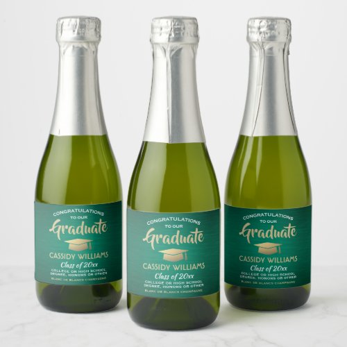 Graduation Brushed Green Gold and White Mini Split Sparkling Wine Label