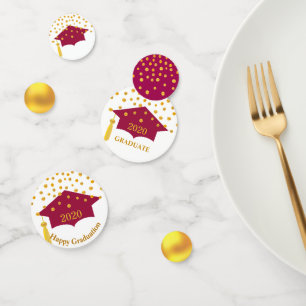Graduation Burgundy Red Cap & Gold Table Confetti