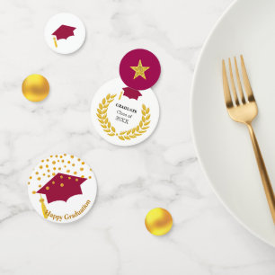 Graduation Burgundy Red Cap & Gold Table Confetti