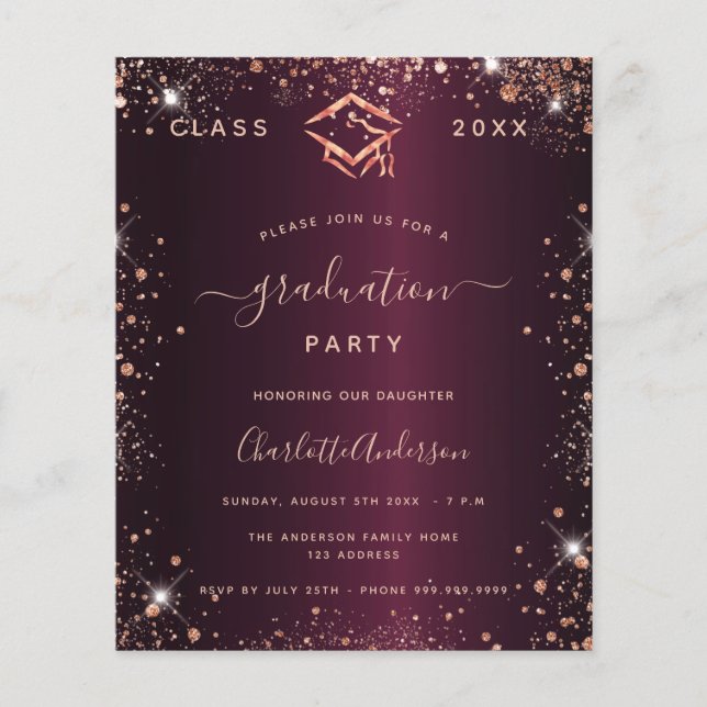 Graduation burgundy rose gold invitation (Front)