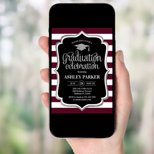 Graduation - Burgundy Silver Black White Invitation (Front Digital)