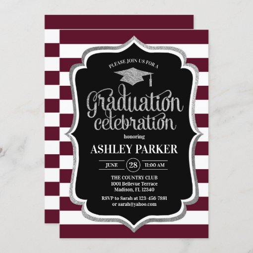 Graduation - Burgundy Silver Black White Invitation | Zazzle