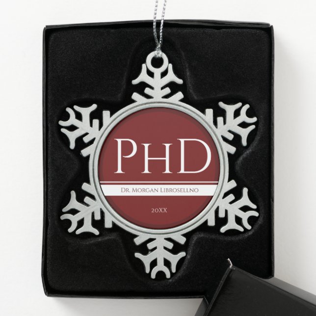 Graduation Burgundy White Name Year PhD Snowflake Pewter Christmas Ornament (Box)