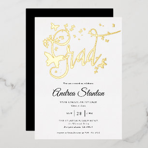 Graduation Butterflies Grad Calligraphy BW Gold Foil Invitation