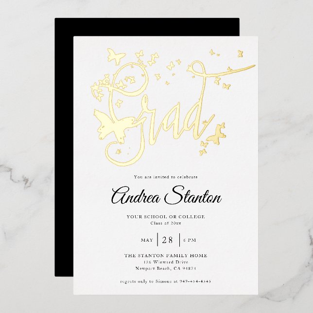 Graduation Butterflies Grad Calligraphy BW Gold Foil Invitation (Front/Back)