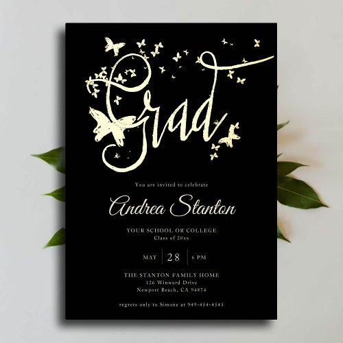 Graduation Butterflies Grad Calligraphy Elegant Foil Invitation