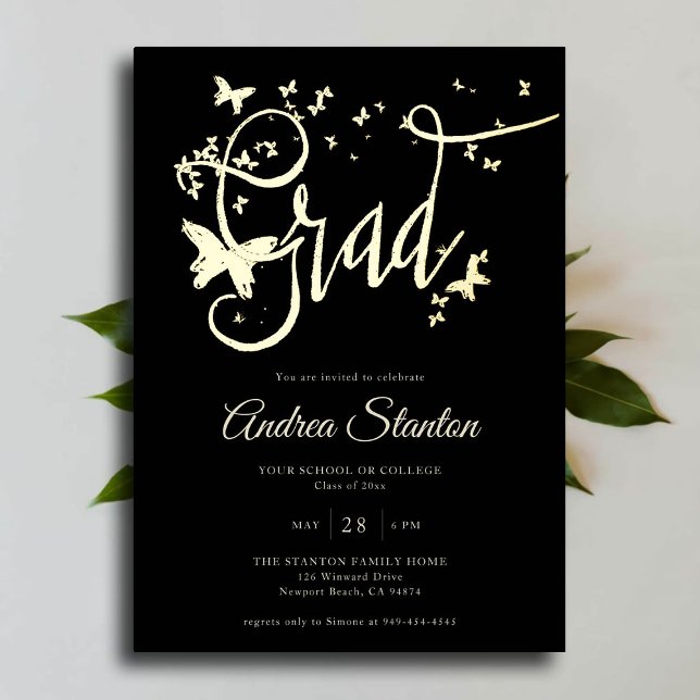 Graduation Butterflies Grad Calligraphy Elegant Foil Invitation (graduation party invitation gold foil butterflies handwritten high school college university grad)