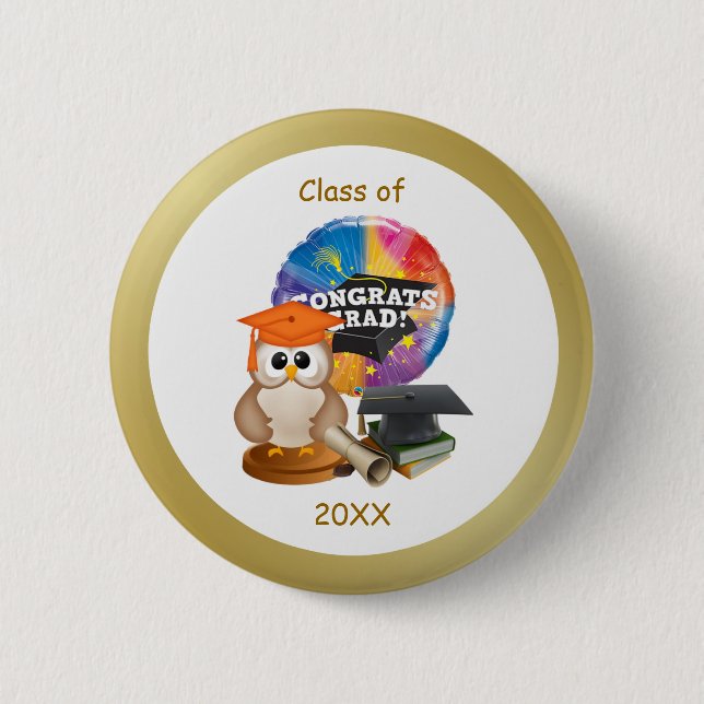 Graduation Button. Owl, Mortar cap, diploma, books Button (Front)