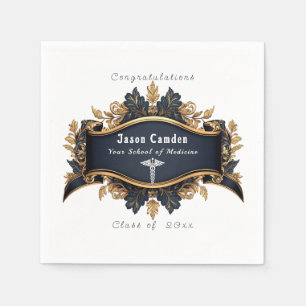 Graduation Caduceus Elegant Black Gold White Napkins