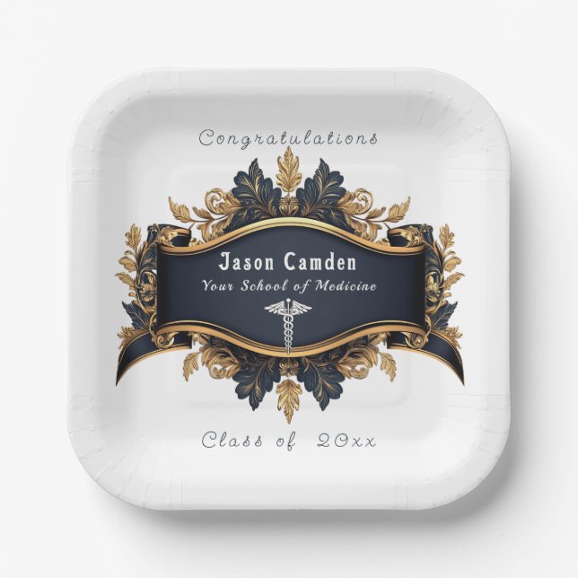 Graduation Caduceus Elegant Black Gold White Paper Plates (Front)