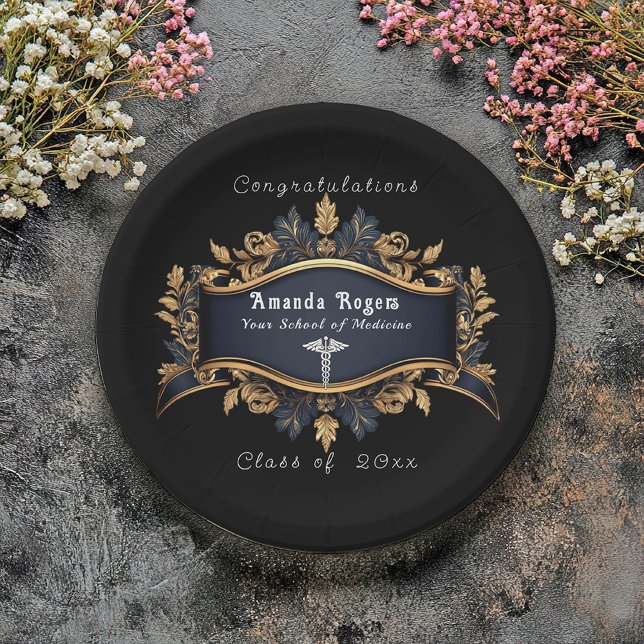 Graduation Caduceus Elegant Black Gold White Paper Plates (Creator Uploaded)