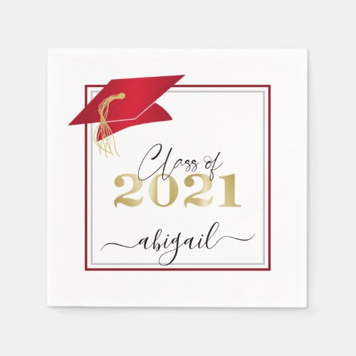 Graduation Cap 2021 Metallic Red Gold Script Napkins