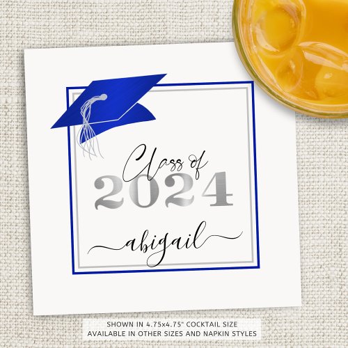 Graduation Cap 2024 Metallic Royal Blue Script Napkins