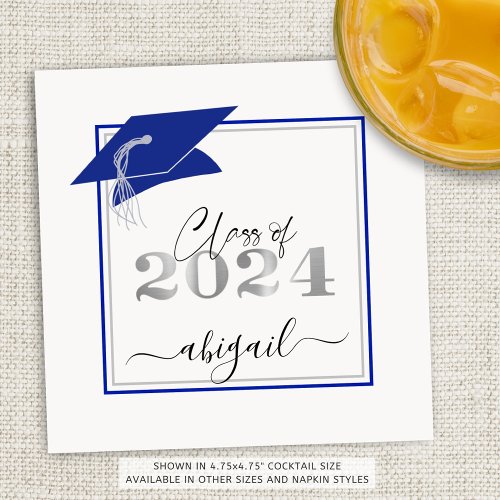 Graduation Cap 2024 Royal Blue Silver Script Napkins