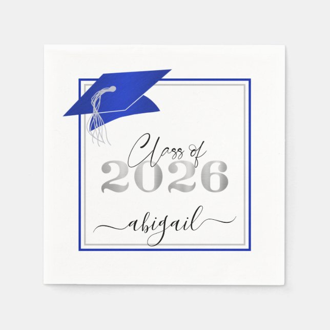 Graduation Cap 2025 Metallic Royal Blue Script Napkins (Front)