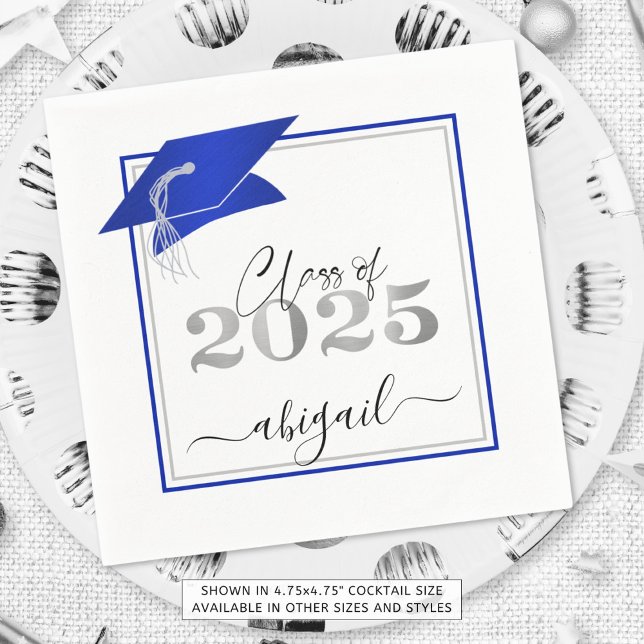 Graduation Cap 2025 Metallic Royal Blue Script Napkins (Creator Uploaded)