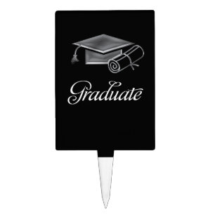 Graduation Cap and Diploma Black & Silver 3D Look Cake Topper