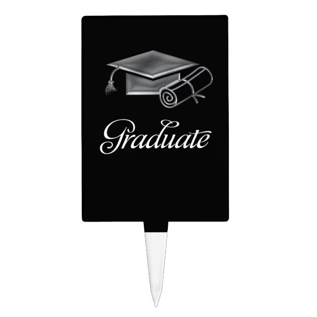 Graduation Cap and Diploma Black & Silver 3D Look Cake Topper (Front)