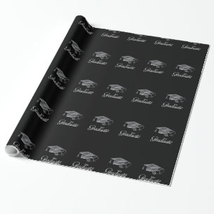 Graduation Cap and Diploma Black & Silver 3D Look Wrapping Paper