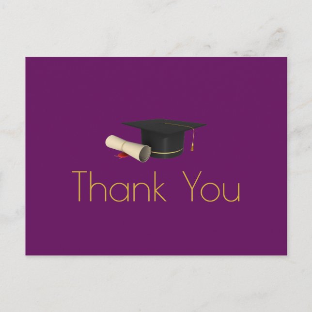 Graduation Cap and Diploma on Purple Announcement Postcard (Front)