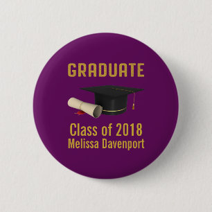 Graduation Cap and Diploma on Purple Class of 20XX Button