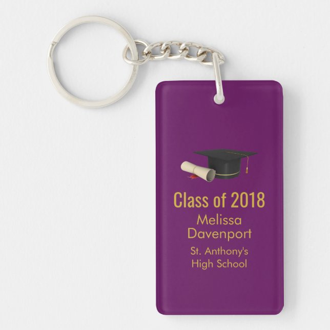 Graduation Cap and Diploma on Purple Class of 20XX Keychain (Front)