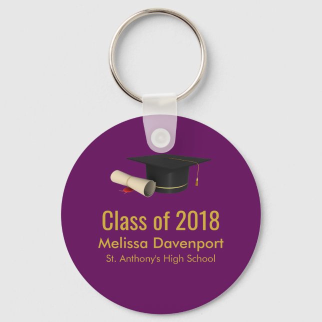 Graduation Cap and Diploma on Purple Class of 20XX Keychain (Front)