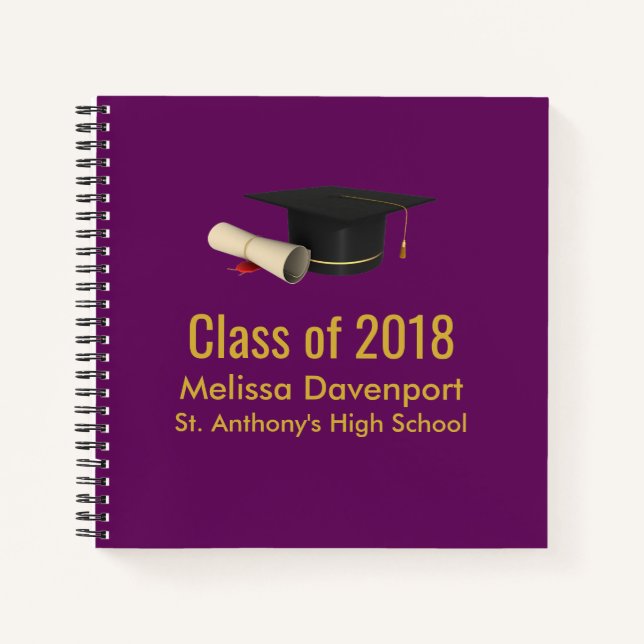 Graduation Cap and Diploma on Purple Class of 20XX Notebook (Front)