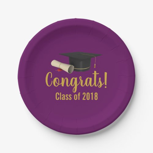 Graduation Cap and Diploma on Purple Class of 20XX Paper Plates