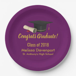Graduation Cap and Diploma on Purple Class of 20XX Paper Plates