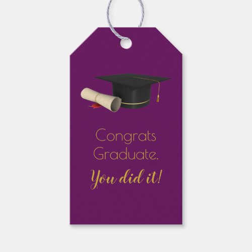 Graduation Cap and Diploma on Purple Congrats Gift Tags