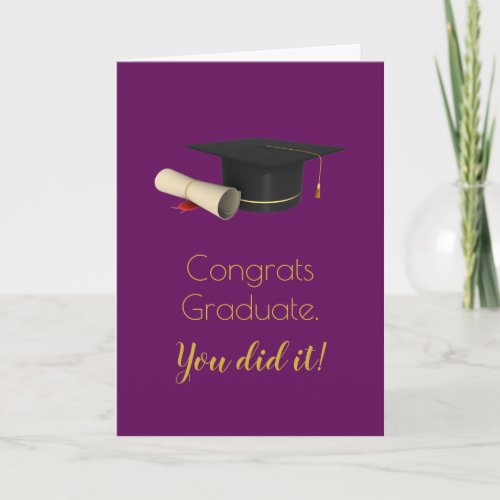 Graduation Cap and Diploma on Purple Grad Congrats Card