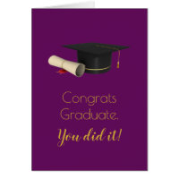Graduation Cap and Diploma on Purple Grad Congrats Card
