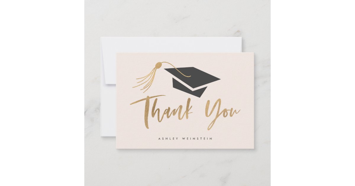 Graduation Cap and Tassel Gold Foil Blush Pink Thank You Card | Zazzle