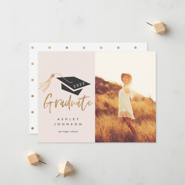Graduation Cap and Tassel Gold Foil Photo Announce Announcement (Front/Back In Situ)