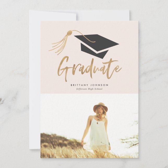 Graduation Cap and Tassel Gold Foil Photo Party Invitation (Front)