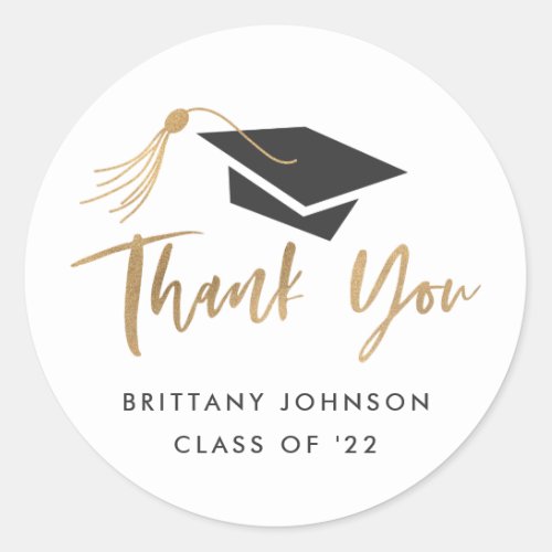 Graduation Cap and Tassel Gold Foil Thank You Classic Round Sticker