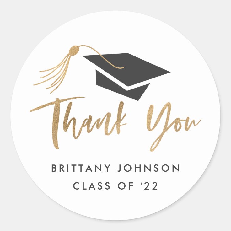 Graduation Cap and Tassel Gold Foil Thank You Classic Round Sticker ...