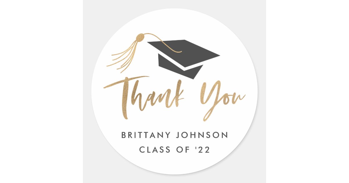 Graduation Cap and Tassel Gold Foil Thank You Classic Round Sticker ...