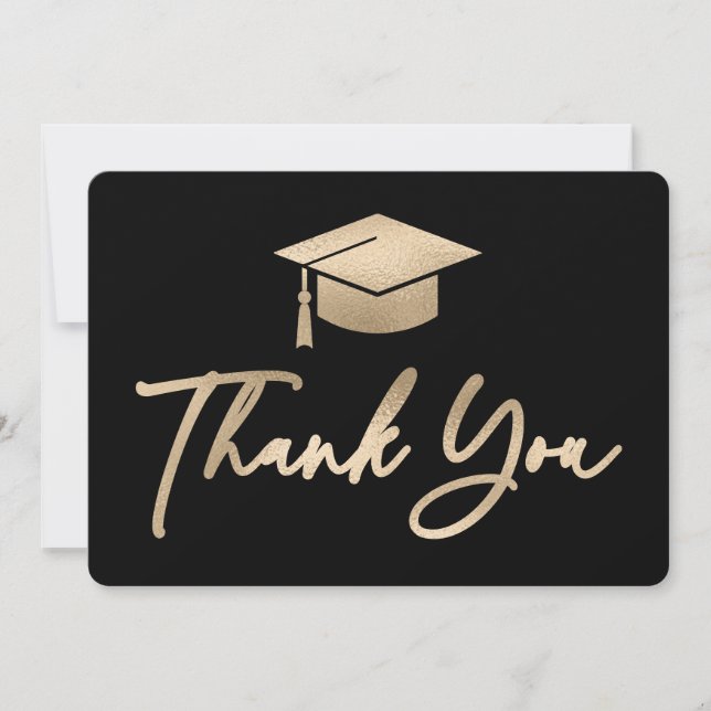 Graduation Cap Black and Gold Foil Thank You Card (Front)