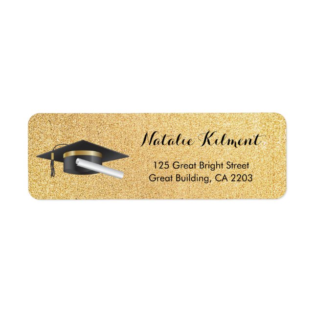 Graduation Cap Black and Gold Return Address Label (Front)