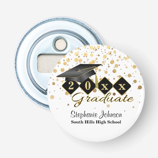 Graduation Cap Black Gold Personalized Bottle Opener (Front)