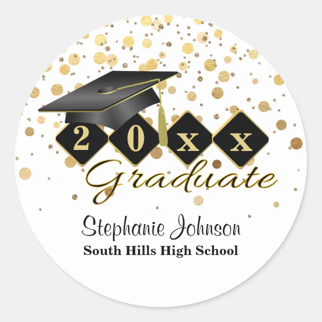 Graduation Cap Black Gold Personalized Classic Round Sticker | Zazzle