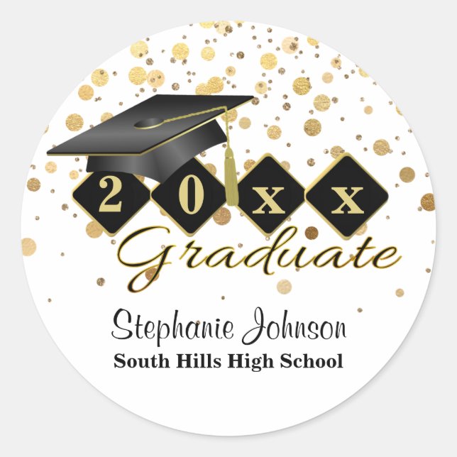 Graduation Cap Black Gold Personalized Classic Round Sticker (Front)