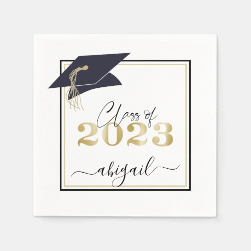 Graduation Cap Black Gold Script Class of 2023 Napkins