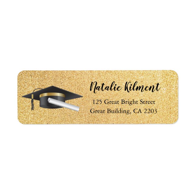 Graduation Cap Black & Gold Script Return Address Label (Front)