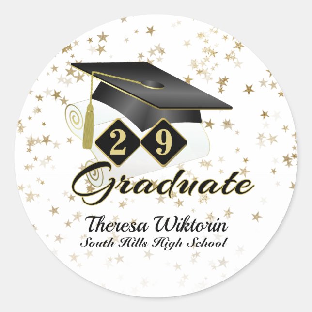 Graduation Cap Black Gold Stars Personalized Classic Round Sticker (Front)