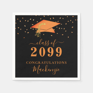 Graduation Cap Black Orange Confetti Script Napkins